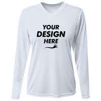 Bayside Women's USA-Made Deep V-Neck Long Sleeve T-Shirt, White, Front view, Mockup
