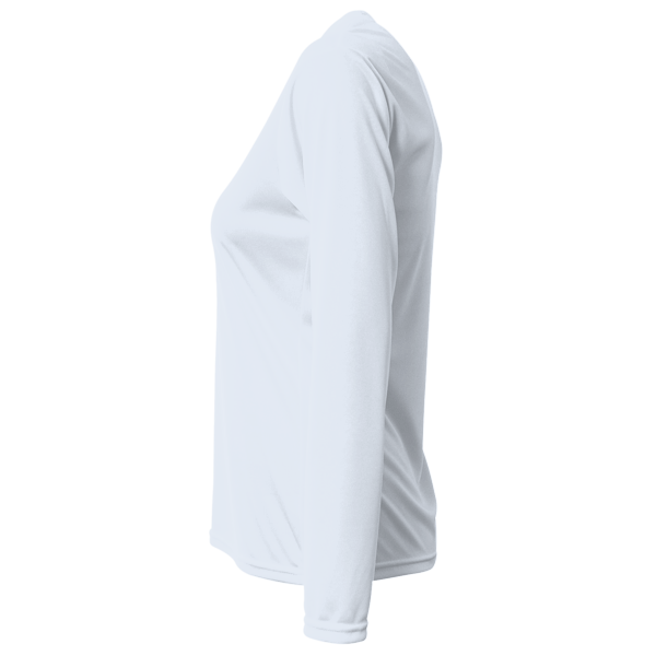 Bayside Women's USA-Made Deep V-Neck Long Sleeve T-Shirt, White, Left Sleeve view