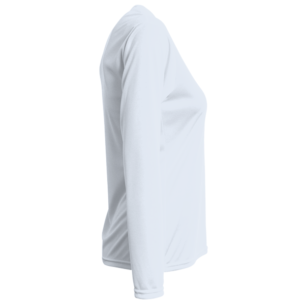 Bayside Women's USA-Made Deep V-Neck Long Sleeve T-Shirt, White, Right Sleeve view