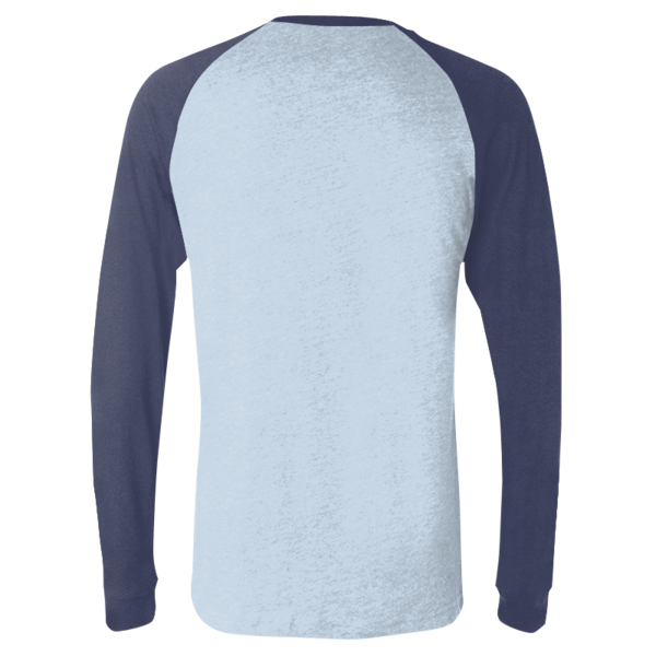 Bella + Canvas Men's Long Sleeve Jersey Baseball Tee, Baby Blue / Navy, Back view
