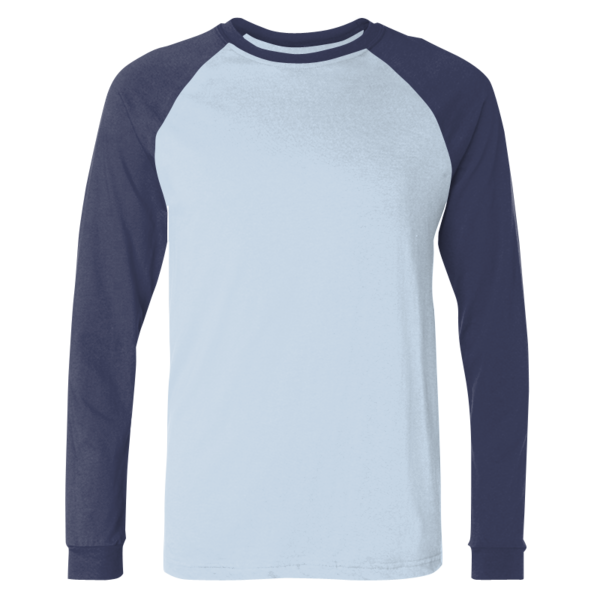 Bella + Canvas Men's Long Sleeve Jersey Baseball Tee, Baby Blue / Navy, Front view