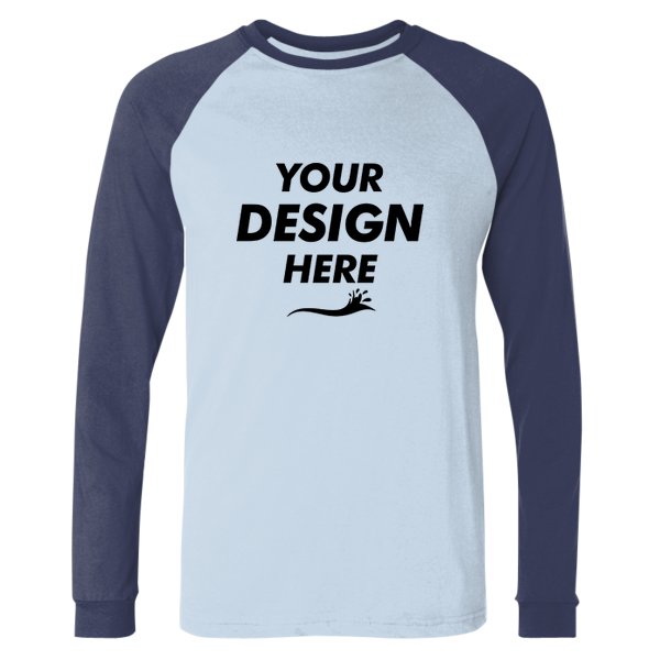 Bella + Canvas Men's Long Sleeve Jersey Baseball Tee, Baby Blue / Navy, Front view, Mockup