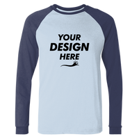 Bella + Canvas Men's Long Sleeve Jersey Baseball Tee, Baby Blue / Navy, Front view, Mockup