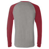 Bella + Canvas Men's Long Sleeve Jersey Baseball Tee, Deep Heather / Cardinal, Back view