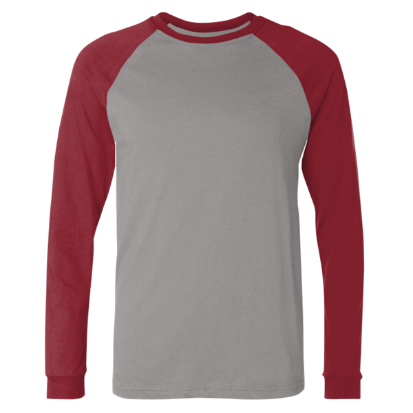 Bella + Canvas Men's Long Sleeve Jersey Baseball Tee, Deep Heather / Cardinal, Front view