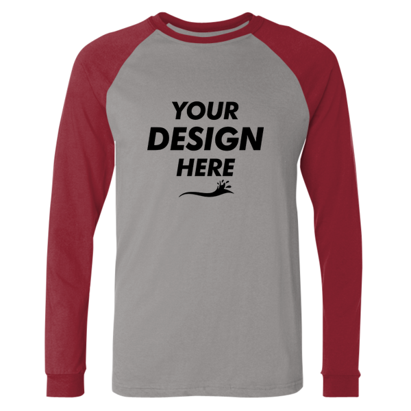 Bella + Canvas Men's Long Sleeve Jersey Baseball Tee, Deep Heather / Cardinal, Front view, Mockup