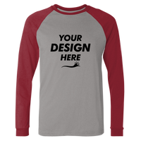 Bella + Canvas Men's Long Sleeve Jersey Baseball Tee, Deep Heather / Cardinal, Front view, Mockup