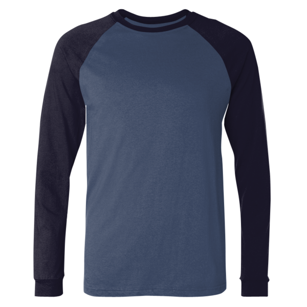 Bella + Canvas Men's Long Sleeve Jersey Baseball Tee, Heather Navy / Midnight, Front view