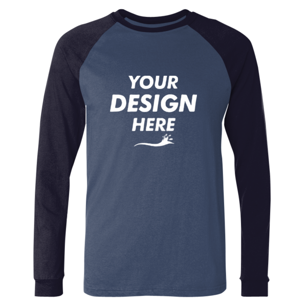 Bella + Canvas Men's Long Sleeve Jersey Baseball Tee, Heather Navy / Midnight, Front view, Mockup
