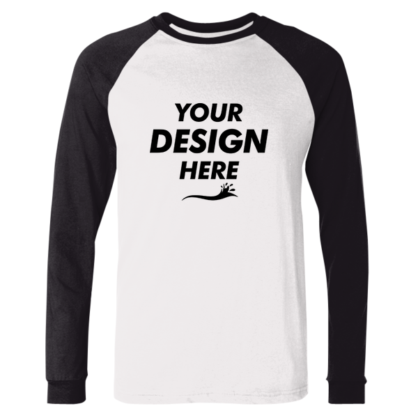 Bella + Canvas Men's Long Sleeve Jersey Baseball Tee, White / Black, Front view, Mockup