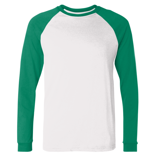 Bella + Canvas Men's Long Sleeve Jersey Baseball Tee, White / Kelly, Front view