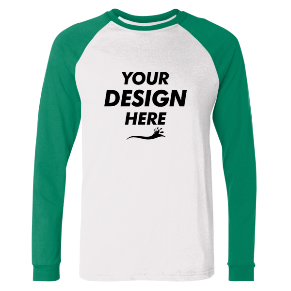 Bella + Canvas Men's Long Sleeve Jersey Baseball Tee, White / Kelly, Front view, Mockup