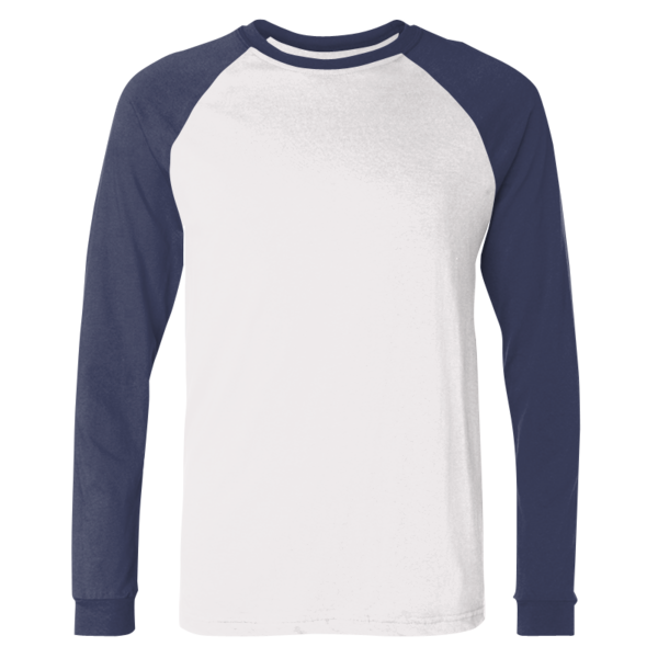 Bella + Canvas Men's Long Sleeve Jersey Baseball Tee, White / Navy, Front view