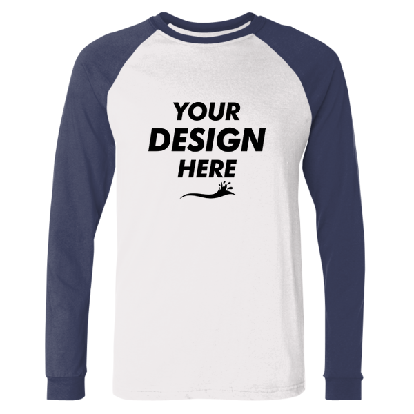 Bella + Canvas Men's Long Sleeve Jersey Baseball Tee, White / Navy, Front view, Mockup