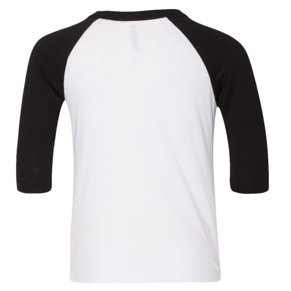 Bella + Canvas Toddler Three-Quarter Sleeve Baseball Tee, White / Black, Back view