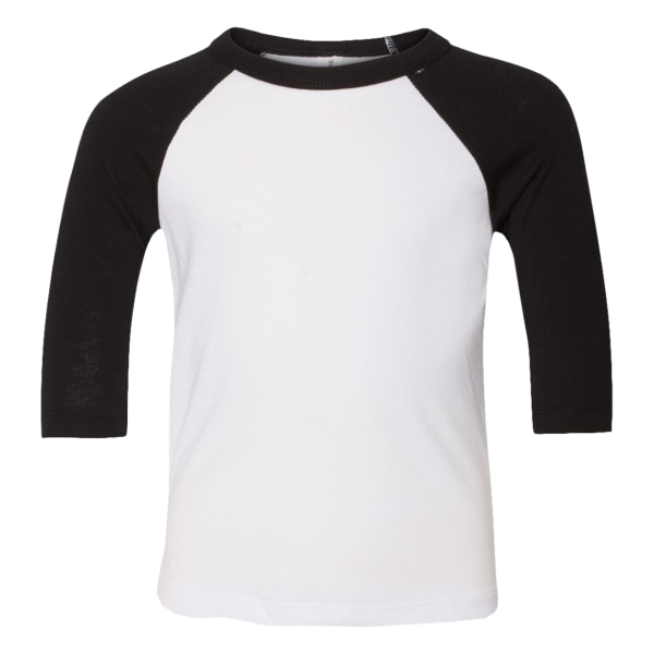 Bella + Canvas Toddler Three-Quarter Sleeve Baseball Tee, White / Black, Front view