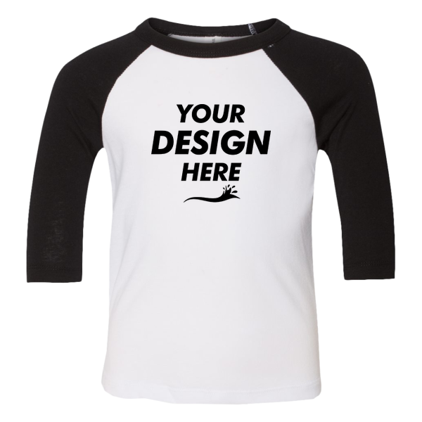 Bella + Canvas Toddler Three-Quarter Sleeve Baseball Tee, White / Black, Front view, Mockup