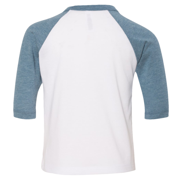 Bella + Canvas Toddler Three-Quarter Sleeve Baseball Tee, White / Denim, Back view