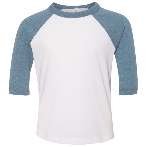 Bella + Canvas Toddler Three-Quarter Sleeve Baseball Tee, White / Denim, Front view