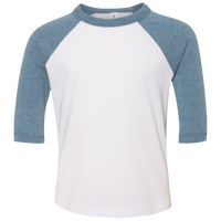Bella + Canvas Toddler Three-Quarter Sleeve Baseball Tee, White / Denim, Front view