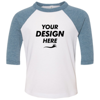 Bella + Canvas Toddler Three-Quarter Sleeve Baseball Tee, White / Denim, Front view, Mockup