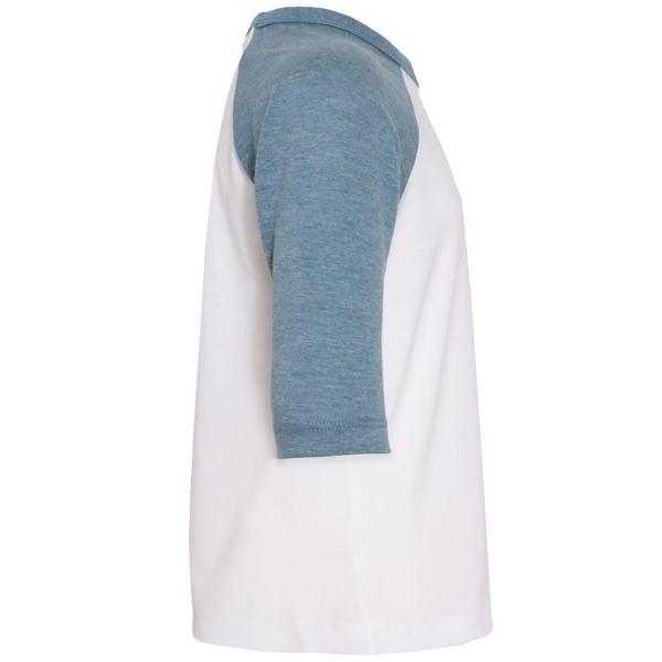 Bella + Canvas Toddler Three-Quarter Sleeve Baseball Tee, White / Denim, Right Sleeve view