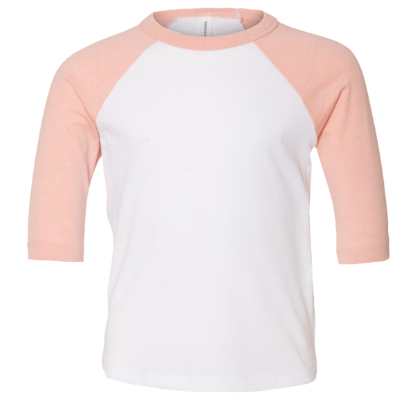 Bella + Canvas Toddler Three-Quarter Sleeve Baseball Tee, White / Heather Peach, Front view