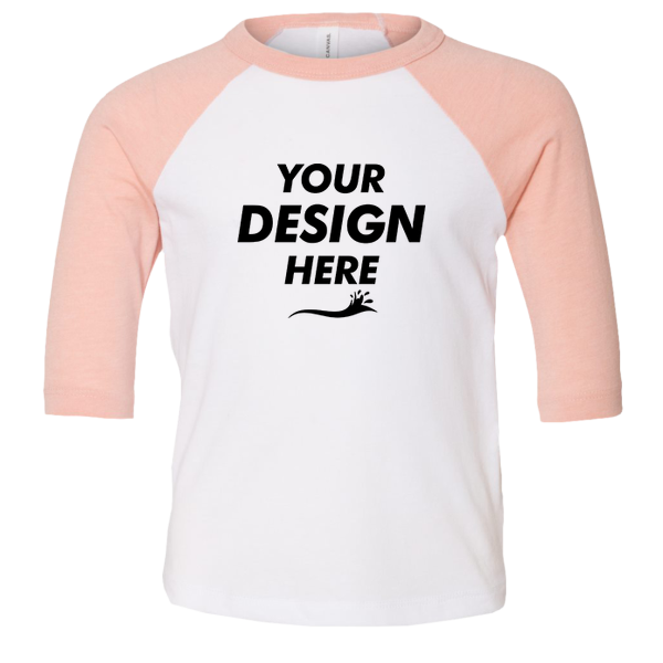 Bella + Canvas Toddler Three-Quarter Sleeve Baseball Tee, White / Heather Peach, Front view, Mockup