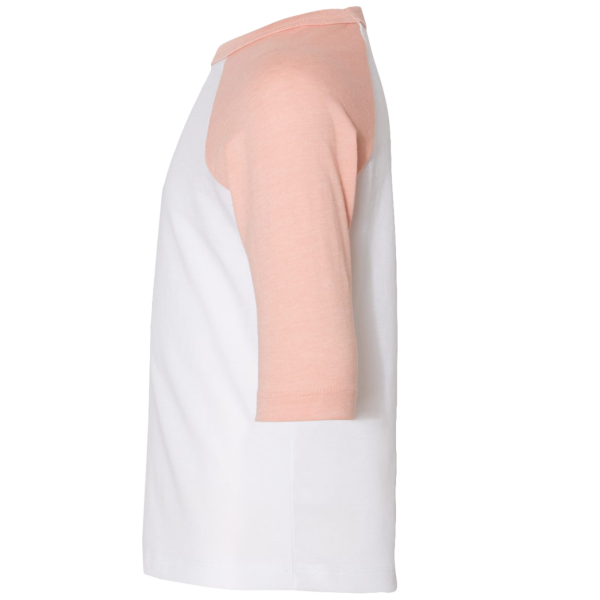 Bella + Canvas Toddler Three-Quarter Sleeve Baseball Tee, White / Heather Peach, Left Sleeve view