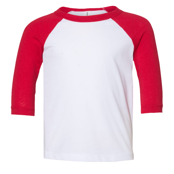 Bella + Canvas Toddler Three-Quarter Sleeve Baseball Tee, White / Red, Front view