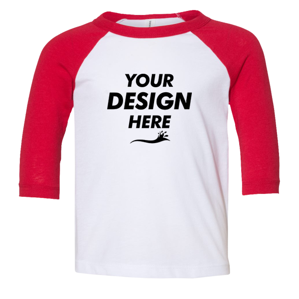 Bella + Canvas Toddler Three-Quarter Sleeve Baseball Tee, White / Red, Front view, Mockup