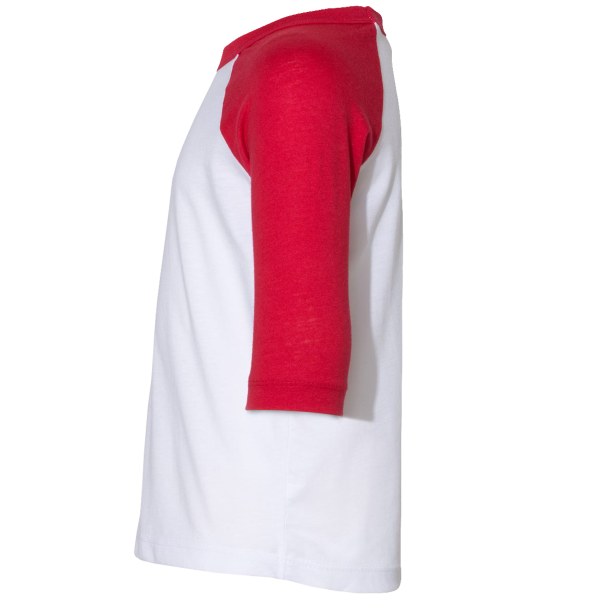 Bella + Canvas Toddler Three-Quarter Sleeve Baseball Tee, White / Red, Left Sleeve view