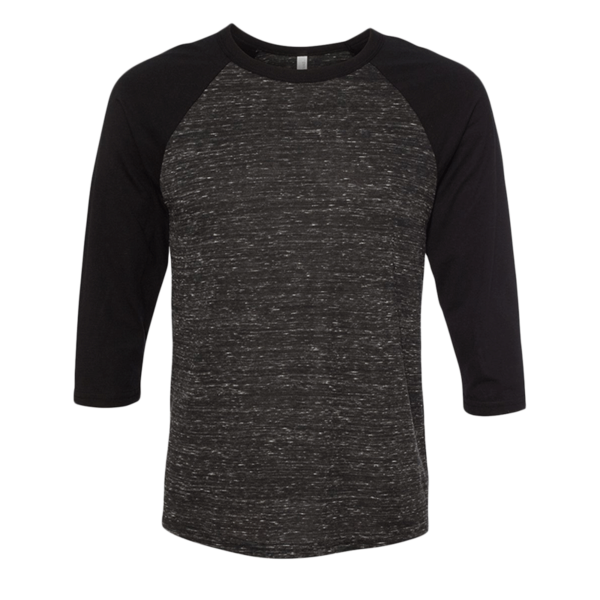 Bella + Canvas Unisex Three-Quarter Sleeve Baseball Tee, Black Marble / Black, Front view