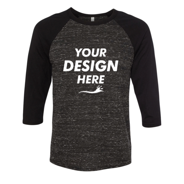 Bella + Canvas Unisex Three-Quarter Sleeve Baseball Tee, Black Marble / Black, Front view, Mockup