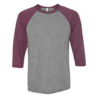 Bella + Canvas Unisex Three-Quarter Sleeve Baseball Tee, Grey / Maroon Triblend, Front view