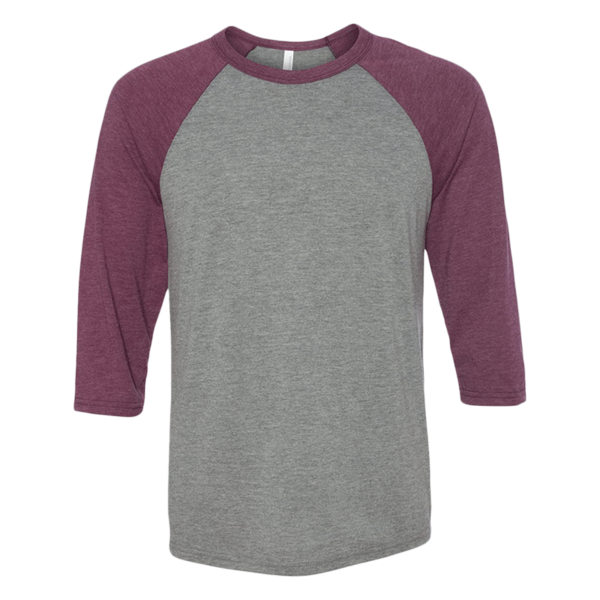 Bella + Canvas Unisex Three-Quarter Sleeve Baseball Tee, Grey / Maroon Triblend, Front view