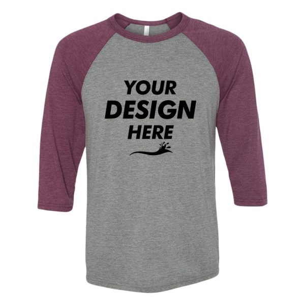 Bella + Canvas Unisex Three-Quarter Sleeve Baseball Tee, Grey / Maroon Triblend, Front view, Mockup