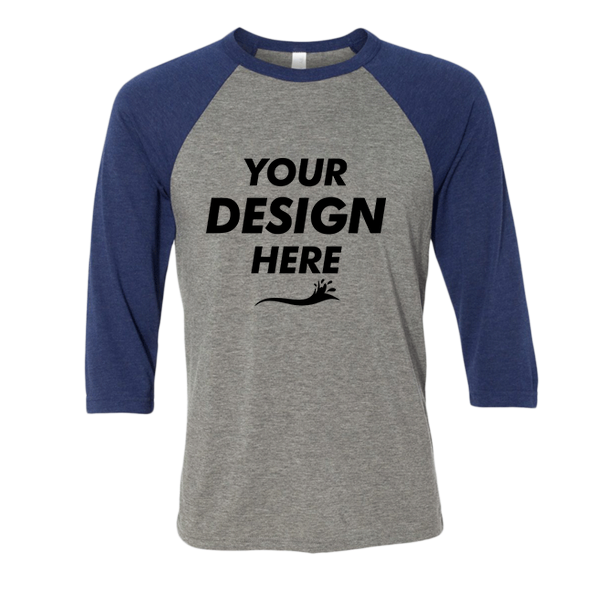 Bella + Canvas Unisex Three-Quarter Sleeve Baseball Tee, Grey / Navy Triblend, Front view, Mockup