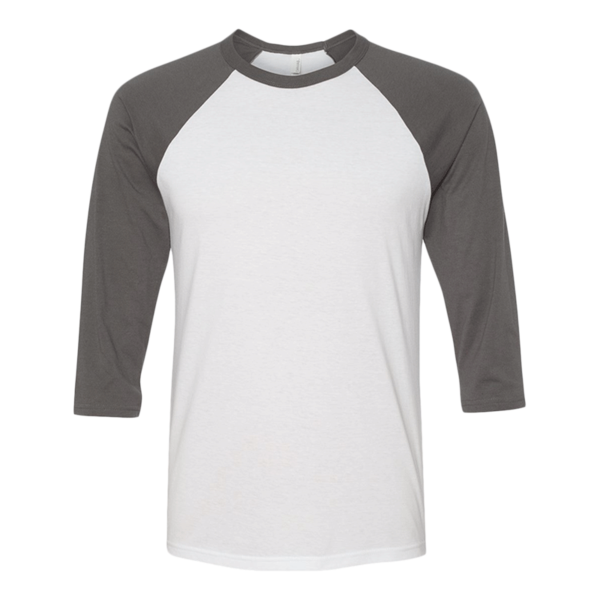 Bella + Canvas Unisex Three-Quarter Sleeve Baseball Tee, White / Asphalt, Front view