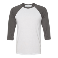 Bella + Canvas Unisex Three-Quarter Sleeve Baseball Tee, White / Asphalt, Front view