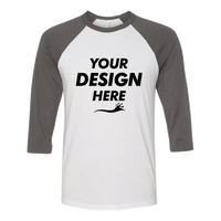 Bella + Canvas Unisex Three-Quarter Sleeve Baseball Tee, White / Asphalt, Front view, Mockup
