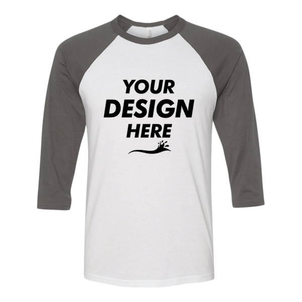 Bella + Canvas Unisex Three-Quarter Sleeve Baseball Tee, White / Asphalt, Front view, Mockup