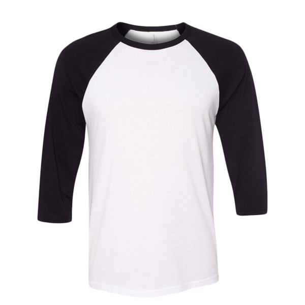 Bella + Canvas Unisex Three-Quarter Sleeve Baseball Tee, White / Black, Front view