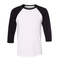 Bella + Canvas Unisex Three-Quarter Sleeve Baseball Tee, White / Black, Front view