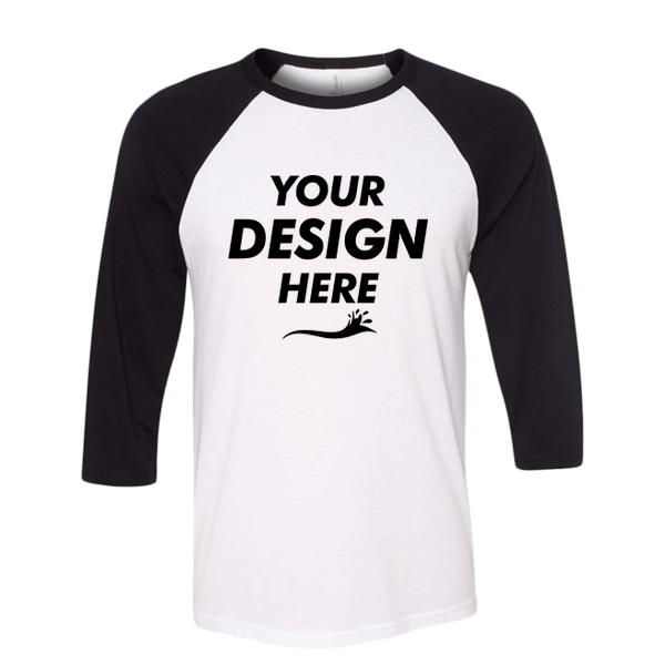 Bella + Canvas Unisex Three-Quarter Sleeve Baseball Tee, White / Black, Front view, Mockup