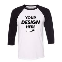 Bella + Canvas Unisex Three-Quarter Sleeve Baseball Tee, White / Black, Front view, Mockup