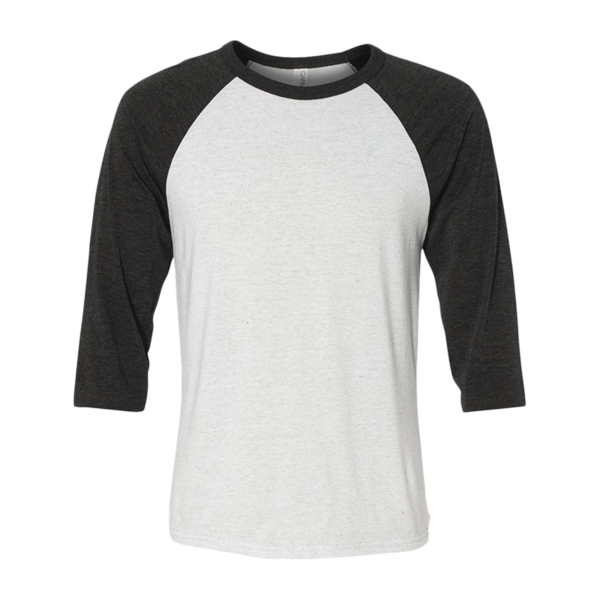 Bella + Canvas Unisex Three-Quarter Sleeve Baseball Tee, White Fleck / Charcoal Triblend, Front view