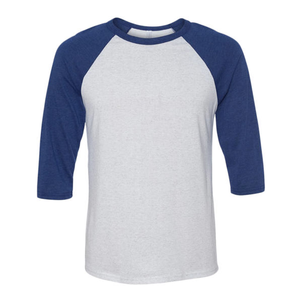 Bella + Canvas Unisex Three-Quarter Sleeve Baseball Tee, White Fleck / Navy Triblend, Front view