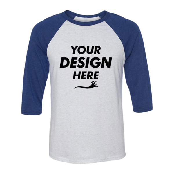 Bella + Canvas Unisex Three-Quarter Sleeve Baseball Tee, White Fleck / Navy Triblend, Front view, Mockup