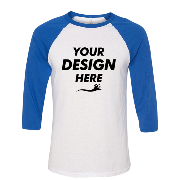 Bella + Canvas Unisex Three-Quarter Sleeve Baseball Tee, White / True Royal, Front view, Mockup